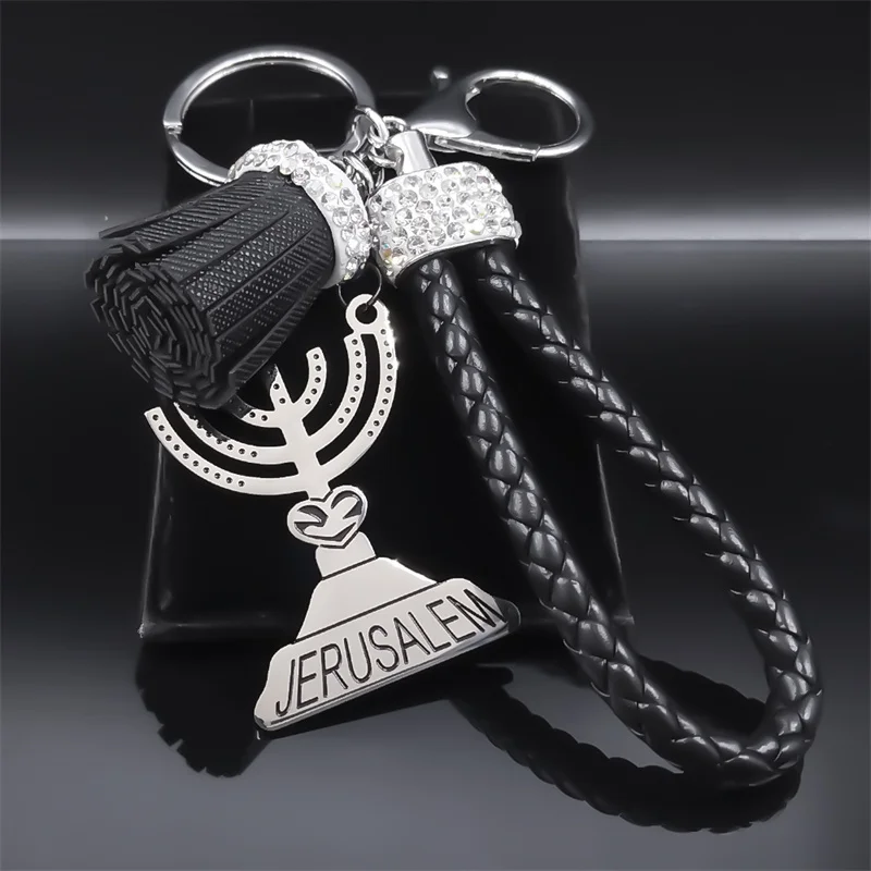 Hanukkah Menorah Candles Jerusalem Stainless Steel Pendant Keychain for Women Men Jewish PU Leather Silver Color Keyring Jewelry
