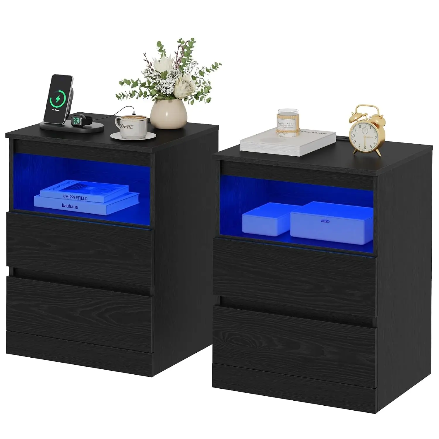 Nightstands Set of 2 with Charging Station, LED Lights and Drawer, Black | Modern Bedside Table with Drawers, Sofa, Customized