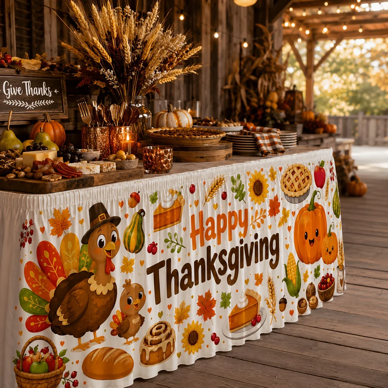 A set of table skirts, featuring patterns of Thanksgiving turkey, pumpkin, maple leaves and harvest foods.xzj