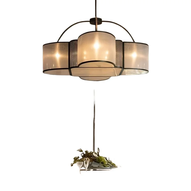 

Chinese dining chandelier, hotel private room large round dining table, Zen fabric lighting