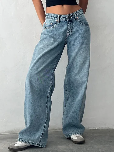 Imagen 2 del producto Y2k Vaqueros vintage de talle bajo para mujer, vaqueros holgados de pierna recta ancha, pantalones vaqueros de novio con bolsillo, ropa de calle
