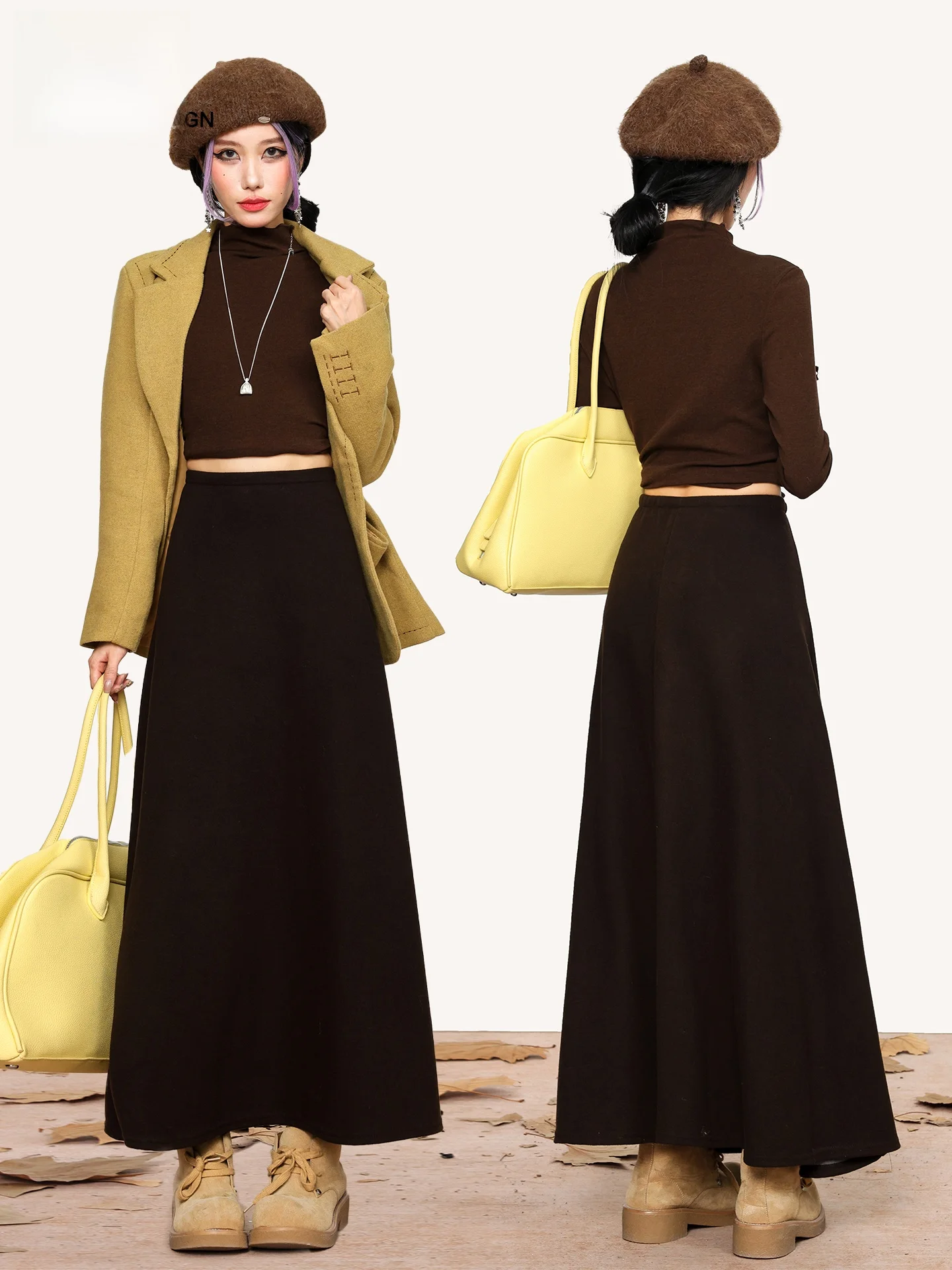 Khaki Thickened Woolen A-Line  Skirt Women Summer 2026 New High Waist Slimming Long Skirt Umbrella Skirt Casual Style
