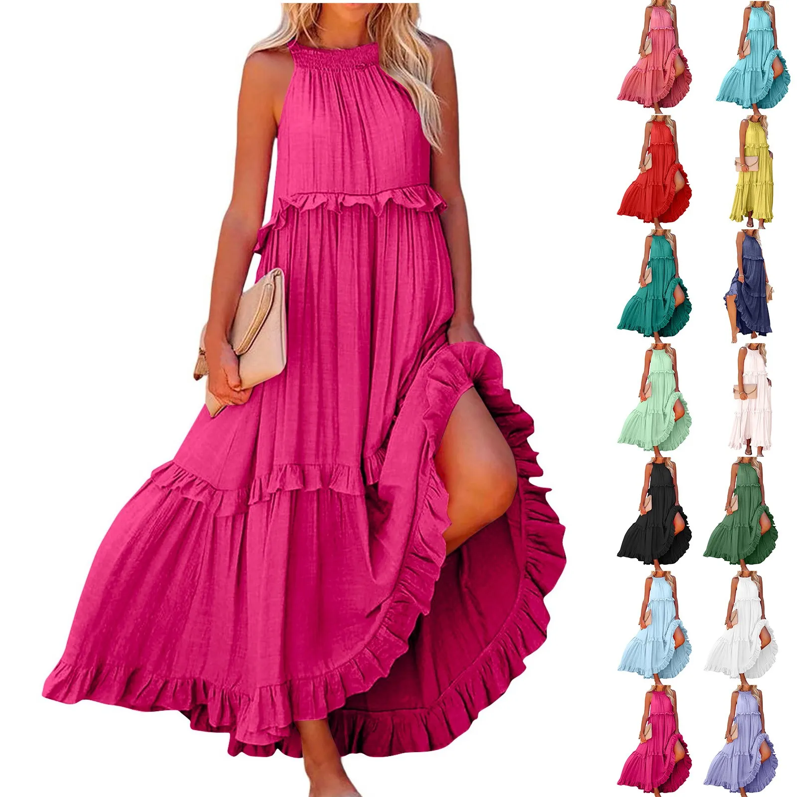 Frauen Rüschensaum geschichtete lange Kleider Sommer ärmelloses rückenfreies Kleid Mode langes Kleid Big Swing Strandkleid Vestidos