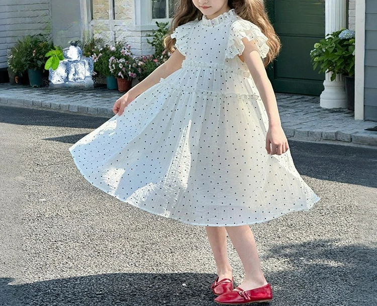 2025 Summer Girls' Dress New Wrinkle Wave Point A-line Large Skirt Princess Skirt