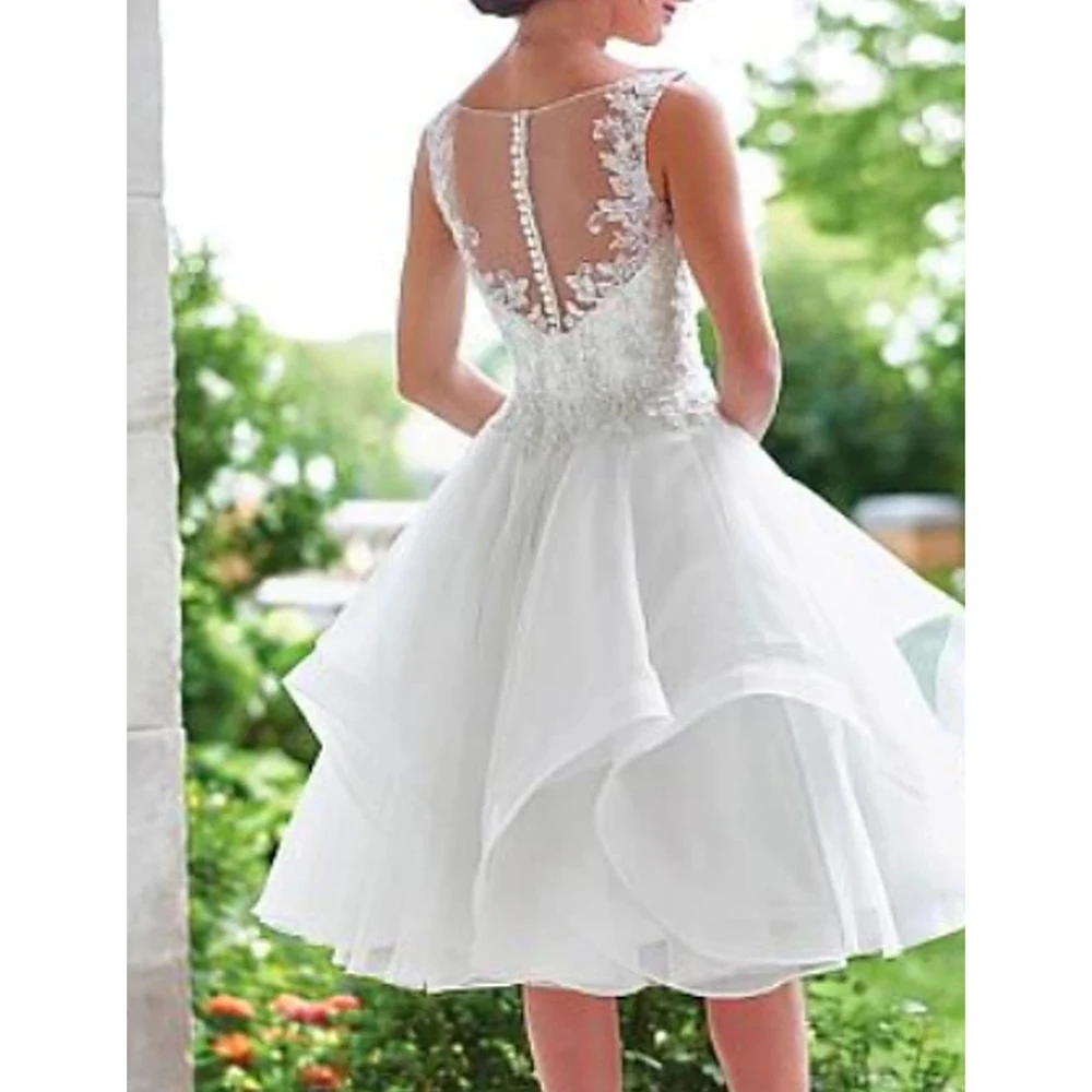 Short V-neck A-line Wedding Dresses Knee-Length Illusion Back Wide Straps Appliqued Tiered Bidal Gown for Bride vestido de novia