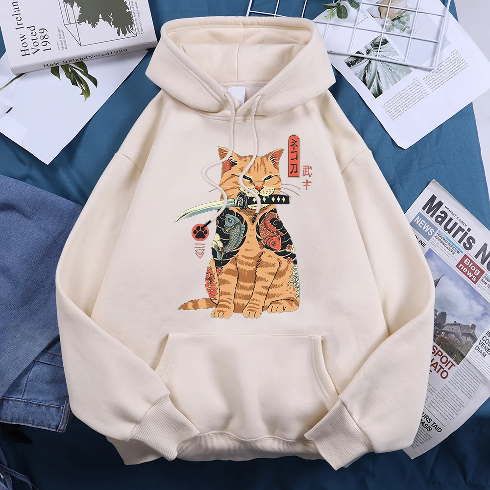 Japanese Harajuku Samurai Sword Cat Men Women Streetwear Oversized Pullover Hoodie Hip Hop Pocket Clothes Autumn Fleece Hoody