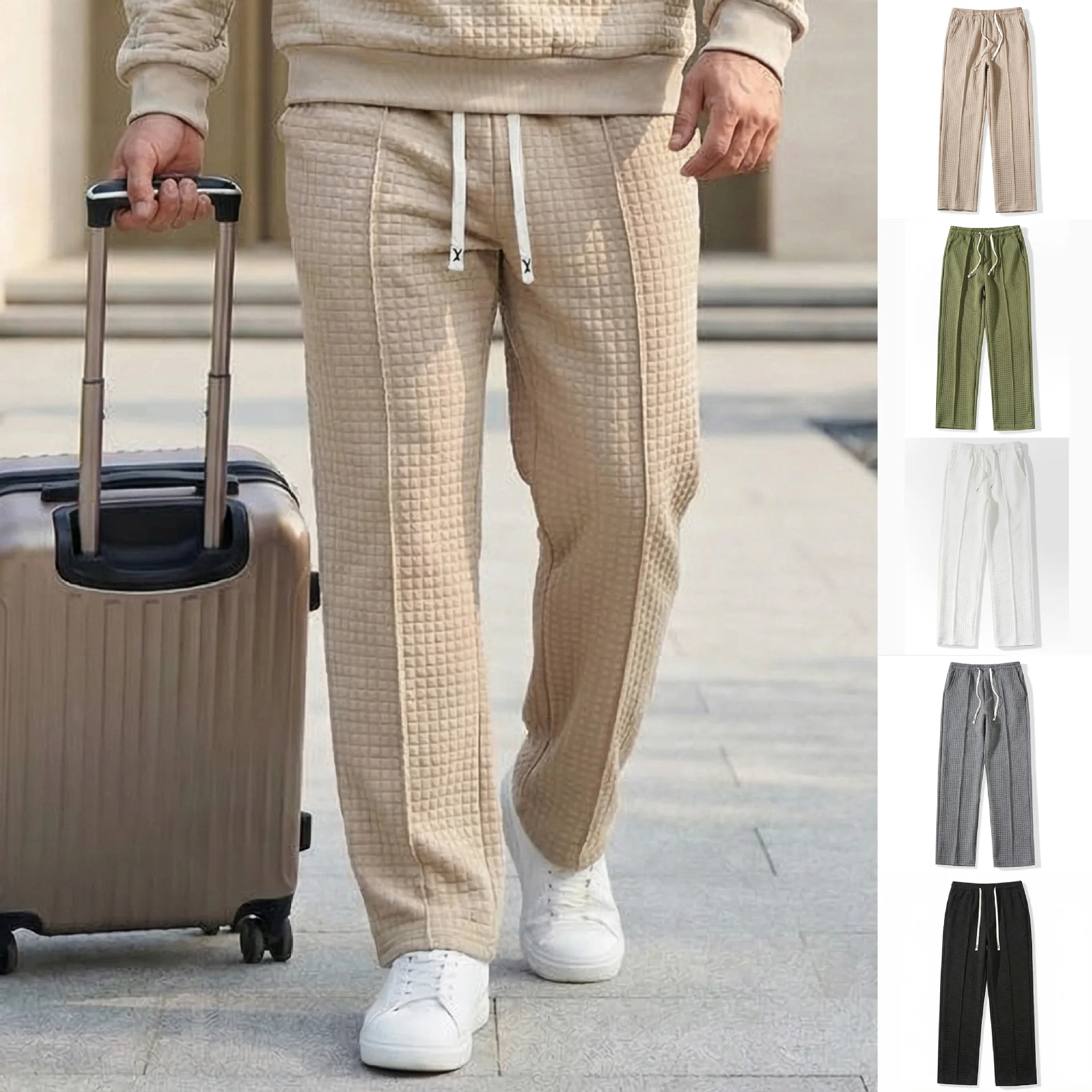 Men Waffle Pants Elastic Waist Loose Fit Breathable Casual Outdoor Baggy Sweatpants Spring Autumn Daily Wear Streetwear Style
