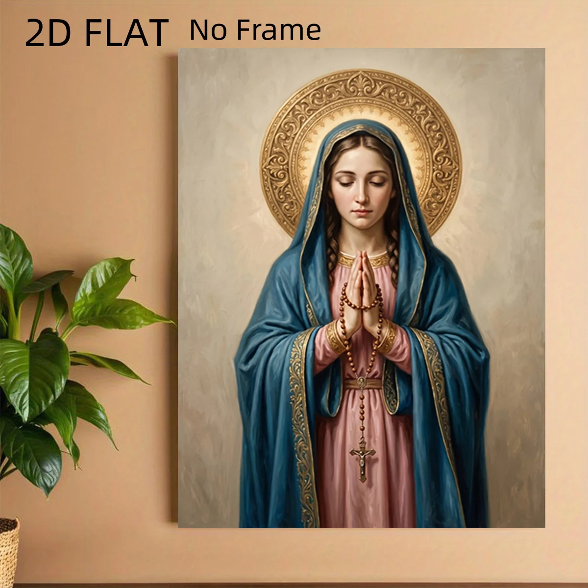 2D Flat, 2D Flat, 2D Flat No Frame Posters Handheld Rosary And Cross, Decorative Golden Halo, Blue Robe, Religious Oil Painti