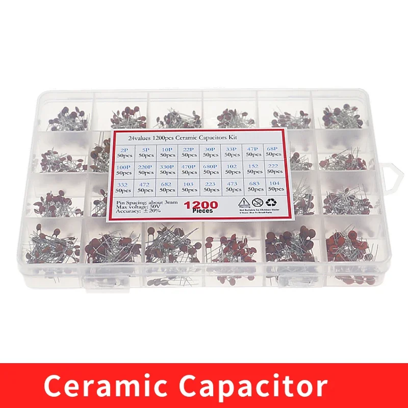 1200pcs 24Values 50V Ceramic Capacitor Assortment Kit 2pF 10 22 33 47 68 100 330 470 680 102 152 222 472 682 103 223 473 683 104