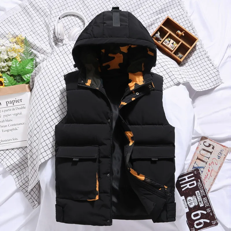 

Autumn Winter Cotton Vest Hooded Oversize Yellwo Camouflage Men Vest Warm Brand Sleeveless Jacket with Big Pockets High Quality