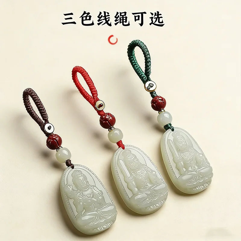 Chinese Style Key Chain Pendant For Car Key Bag Decor Natural Hetian Jade Chinese Zodiac Patron Buddha With Cinnabar Lotus Bead