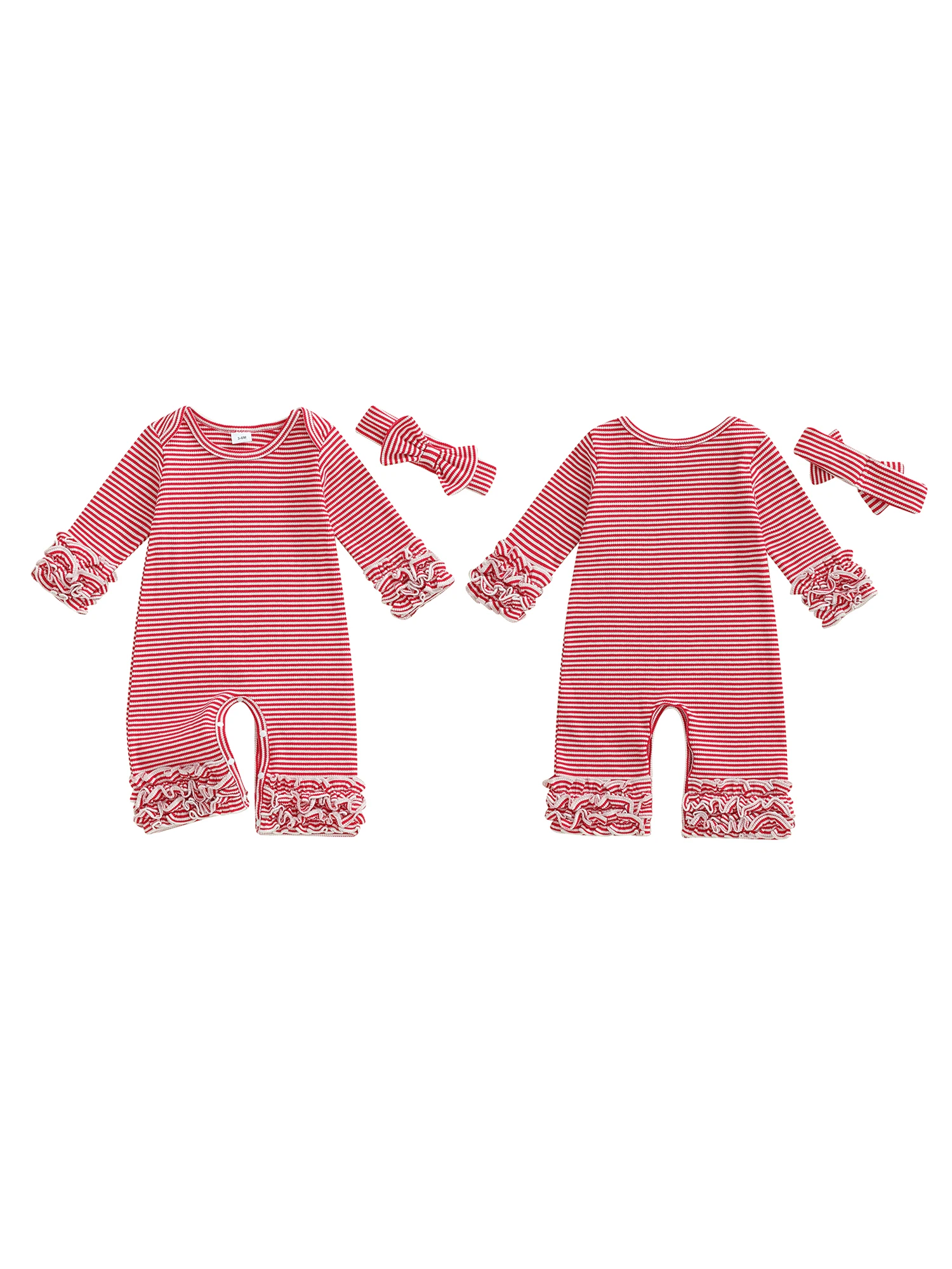 Setelan 2 Potong Bayi Perempuan yang Menggemaskan, Romper Bergaris Lengan Panjang yang Stylish dengan Ikat Kepala Berpita yang Serasi untuk Tampilan Lengkap