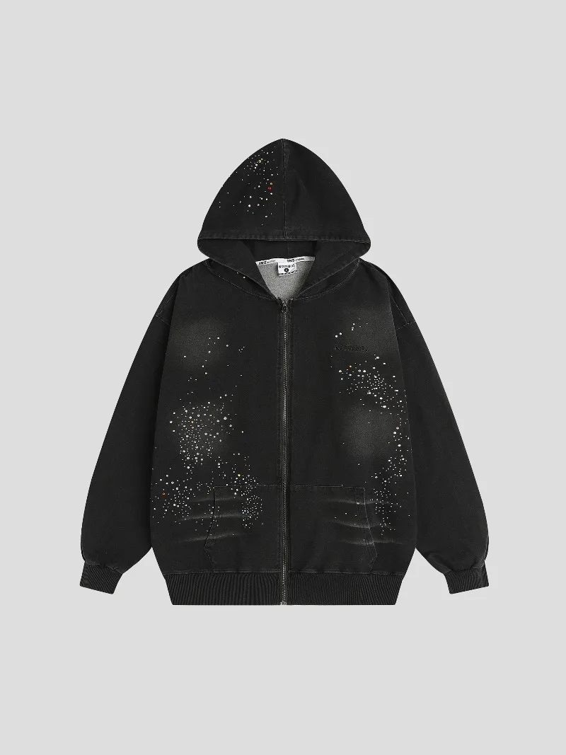 American High Street Fashion Trend Heavy-duty Rhinestone Cardigan Denim Sweatshirt Loose Casual Zipper Hooded Jacket for Men