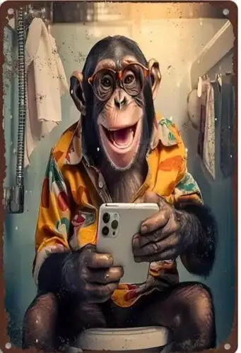 MONKEY TOILET METAL TIN SIGN MONKEY ON CELLPHONE BATHROOM WALL ART FUN SIGN sign sign