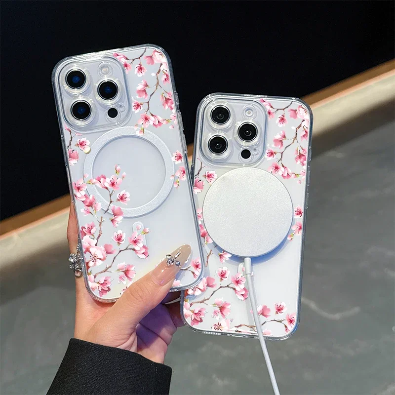 زهرة أرجوانية وردية لحافظة Magsafe لهاتف آيفون 16 15 14 13 12 11 Pro Max 16E 13 Mini 16 Plus غطاء شحن لاسلكي مغناطيسي