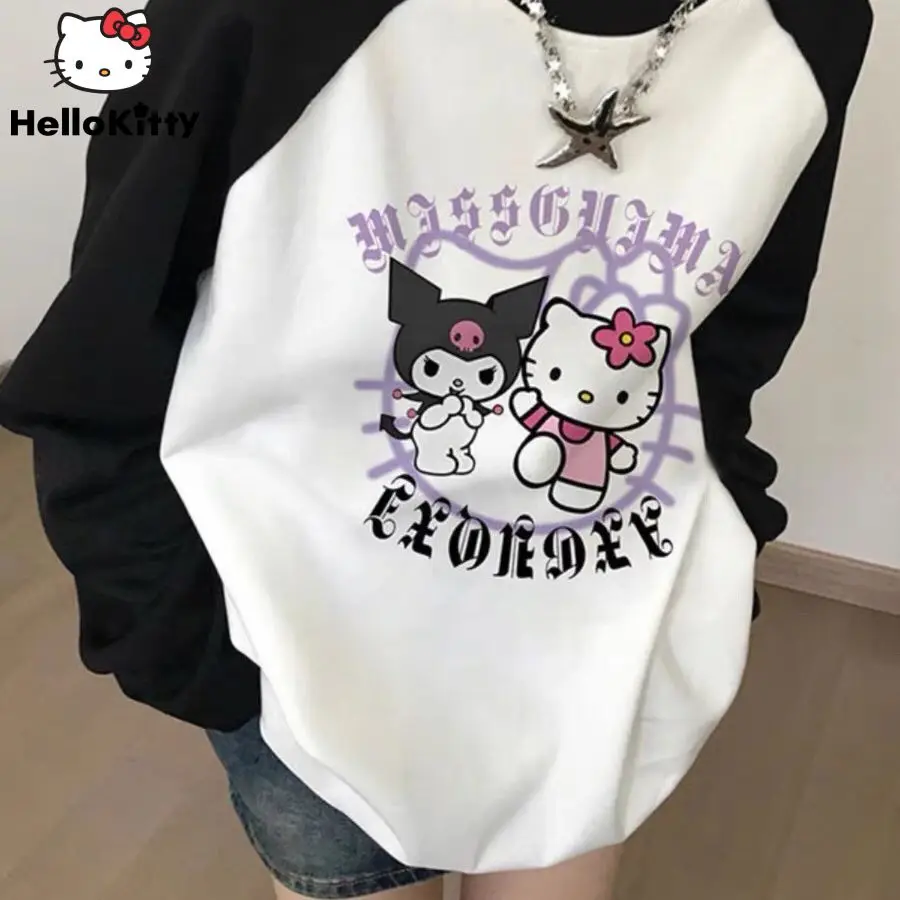 Sanrio Hello Kitty Kuromi Long Sleeve Top Shirts Cartoon Harajuku Round Neck Sweatshirt Korean Style Cotton Pullover For Women