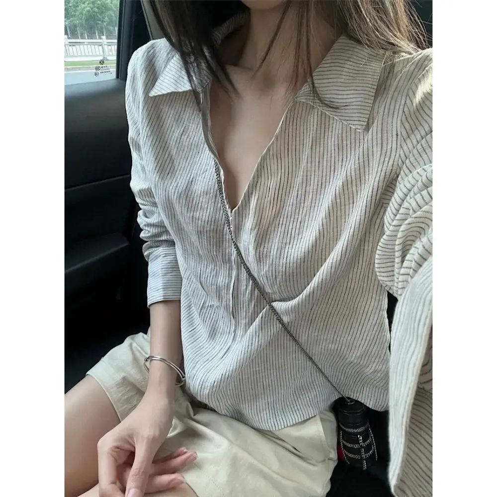 Loose Commuter Casual Shirt Design Autumn Shop New Spring Polo Collar Soft Satin Fabric No Sleeve 3D Effect Single Button