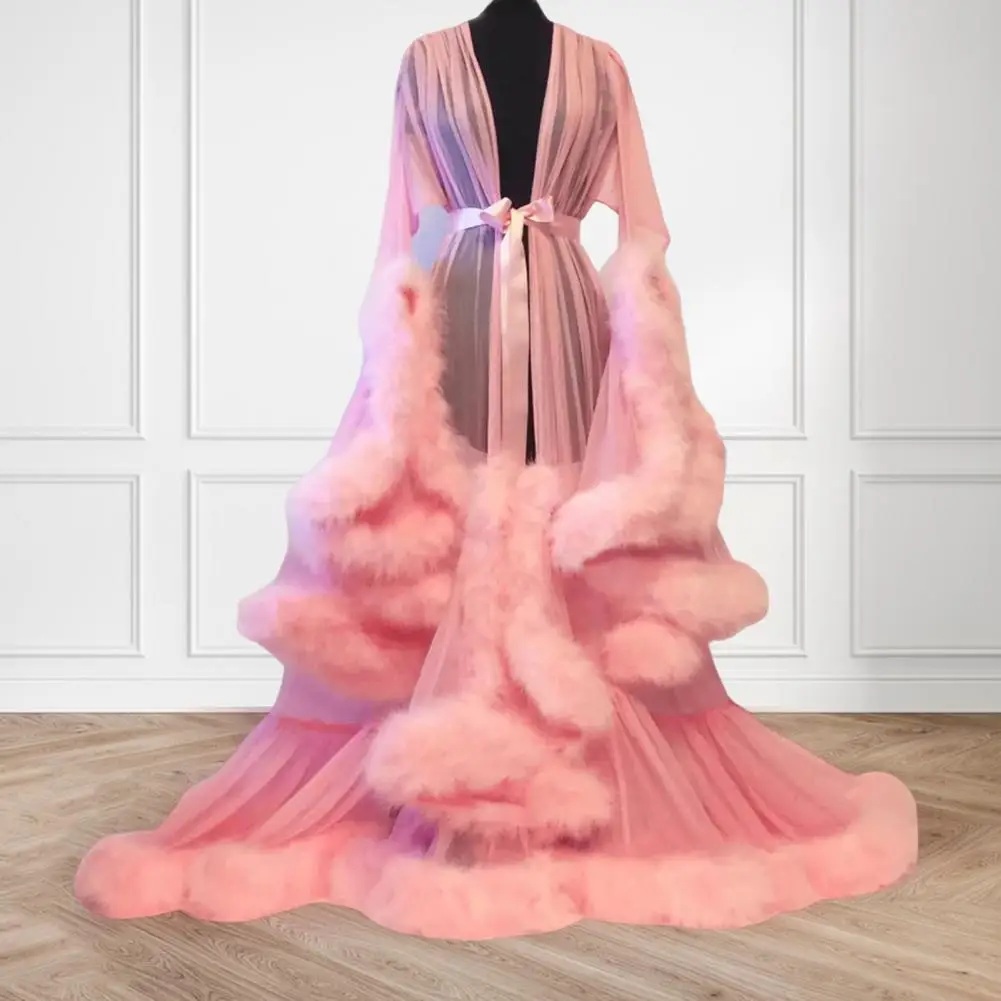 Flauschiges Ärmel-Cocktailpartykleid für Damen, Bade-Partykleid, durchscheinender Bademantel, Netzkleid, durchsichtiges Nachthemd für die Hochzeitsnacht