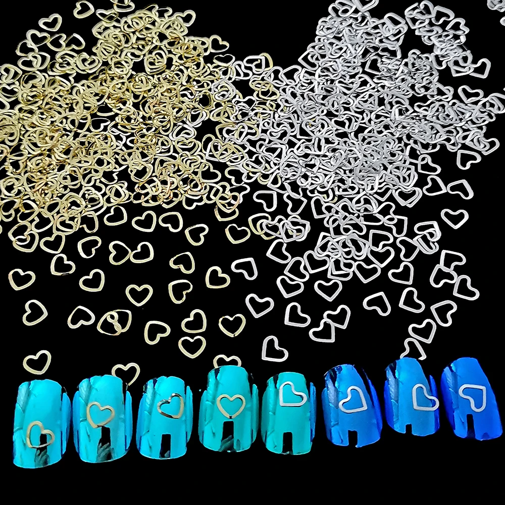 100szt Błyszczące złote serce do paznokci Srebrne ozdoby do paznokci Gwiazda Metalowe naklejki na paznokcie DIY 3D Ozdoby do paznokci dla kobiet i dziewcząt