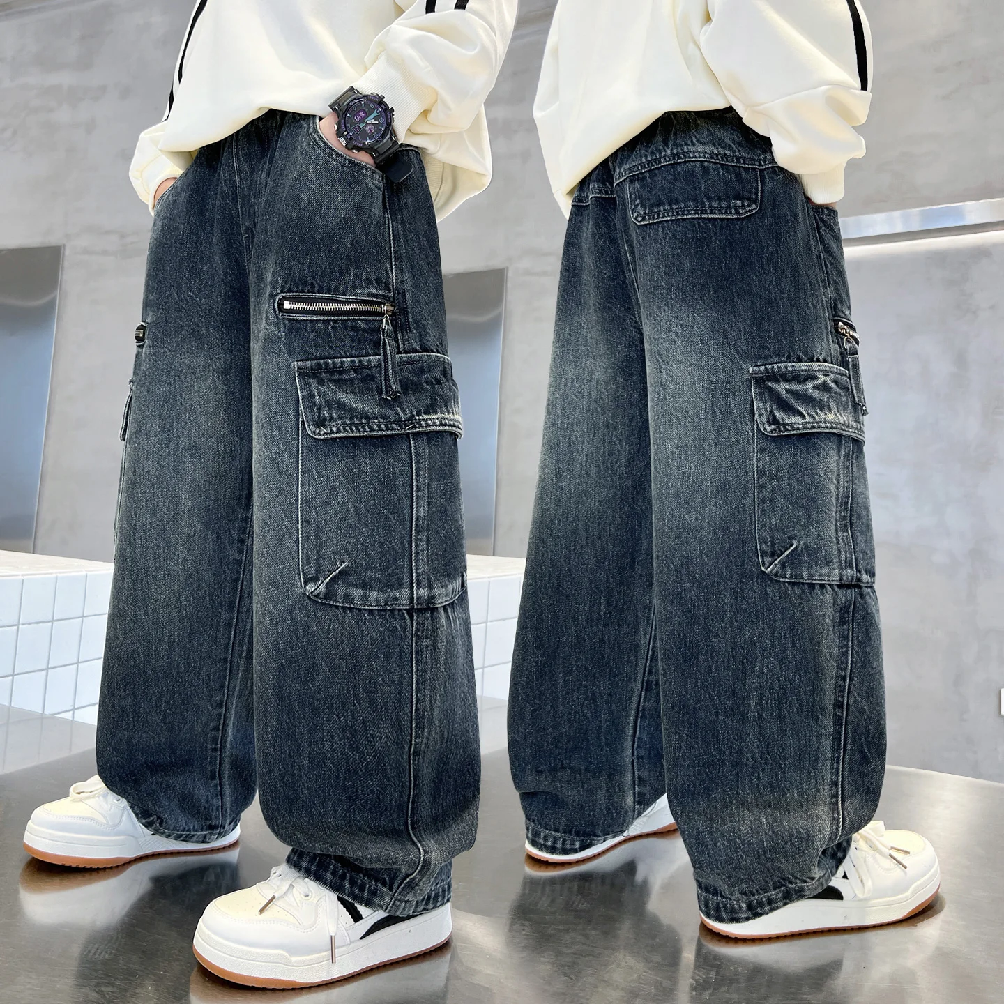 Boys Teenagers Denim Workwear Pants Spring Autumn Style Korean Version Cotton Soft Treatment Medium Waist Elastic Belt for Kids