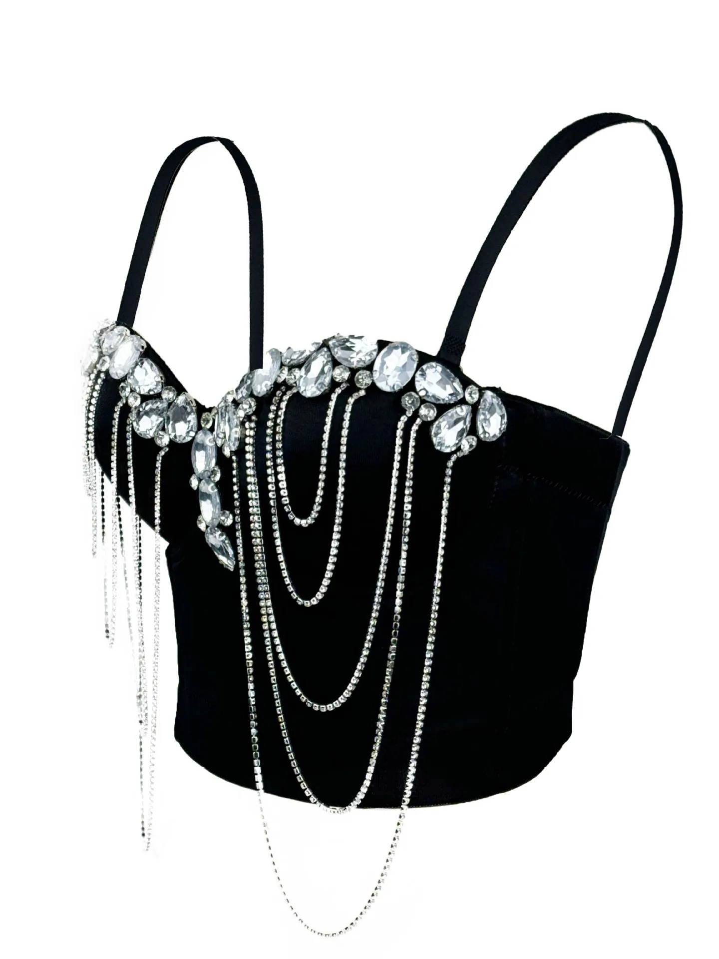 Women Rhinestone Tassel Chain Corset Top Spaghetti Strap Sweetheart Neck Bustier Crop Slim Bodycon Party Club Stage Camisole