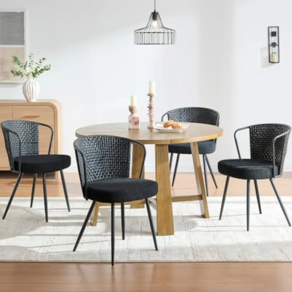 Rattan Dining Chairs Set of 4 - Farmhouse Upholstered PE Rattan Kitchen Chair with Boucle Cushion, Wingback Dining Room