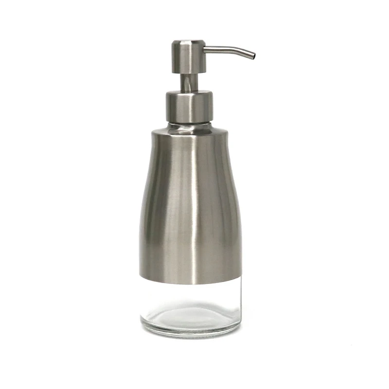 Soap Dispenser, Brushed Nickel Stainless Steel Case Glass Liner Hand Pump Dispenser, Refillable Liquid Hand Soap Dispenser