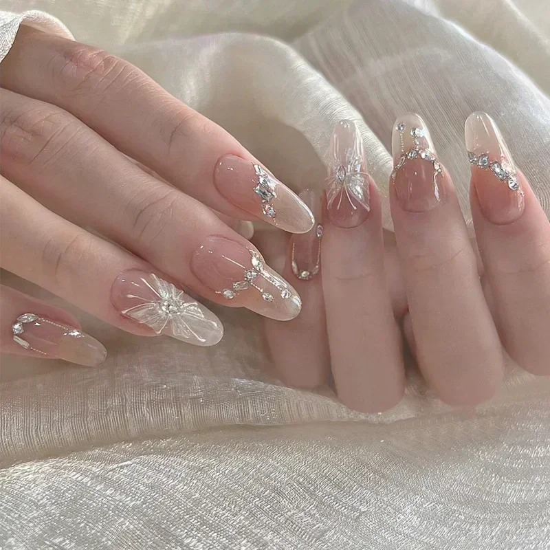 

24Pcs Almond Pure Handmade Press On Nails Full Cover Butterfly French Pearl Diamond False Nails Wearable Manicure Nail Tips Art