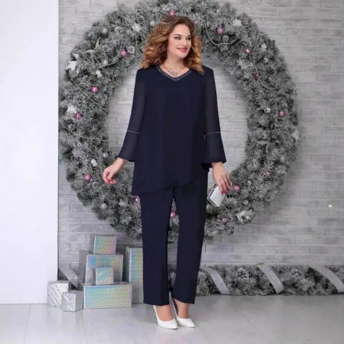 

Fashionable Elegant Loose Fit Long Sleeve Diamond Embellished Two Piece Pants Set plus Size Slimming Style Casual Workwear