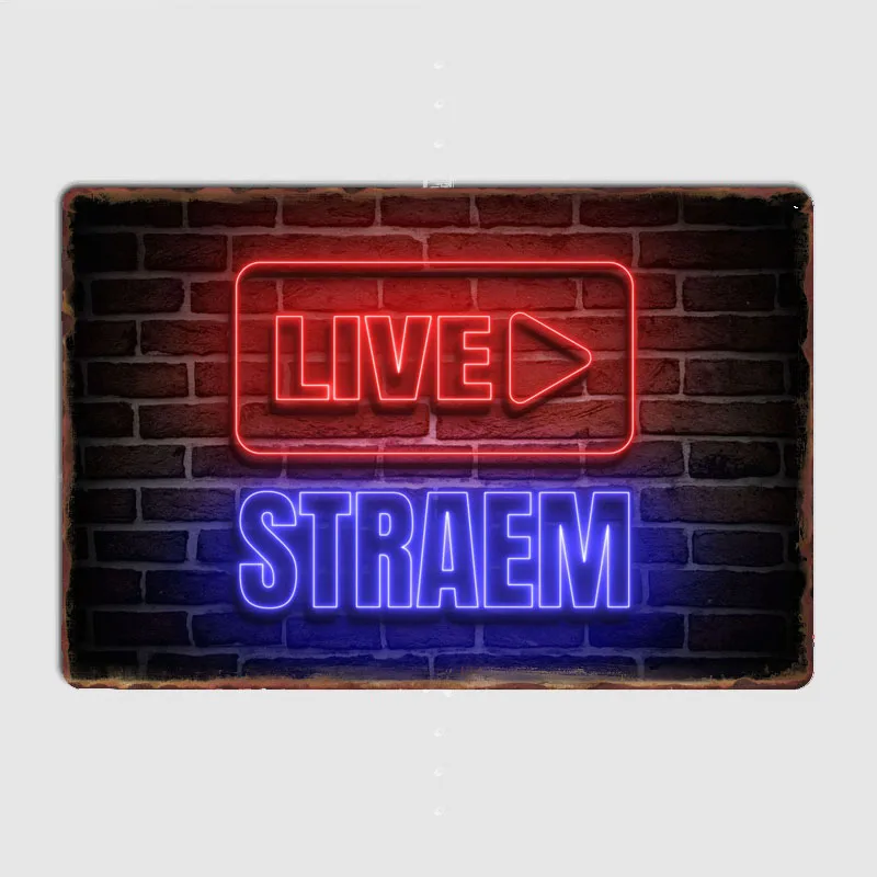 Live Stream Play Neon Metal Wall Art Cave Pub Classic Painting Tin Neon Sign Vintage Posters Room Decor Home Decoration