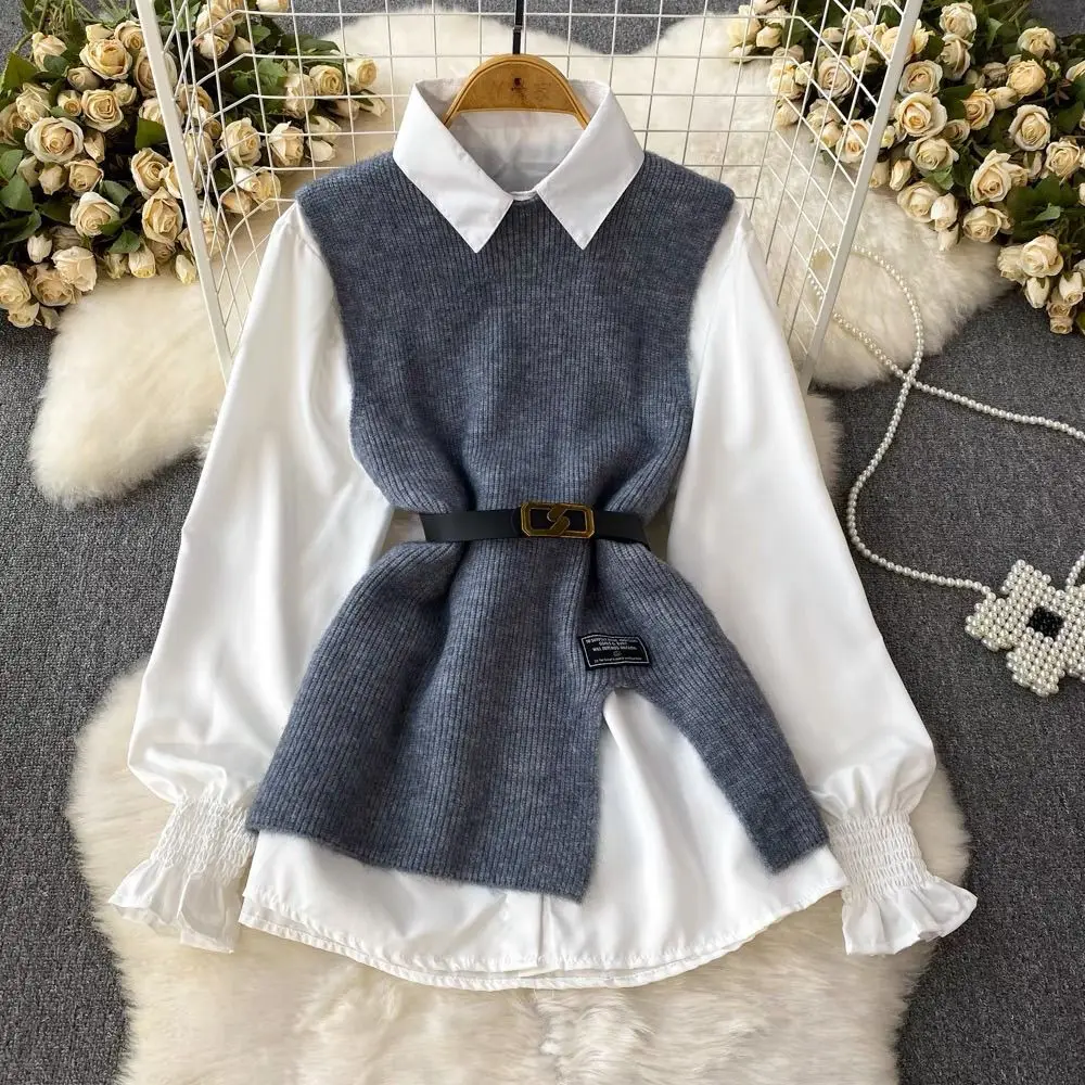 Women\'s Autumn Winter Split Sweater Vest White Shirt Set Lady Fashion Flare Blouse Knit Tank Tops with Waistbelt Knitwear Female