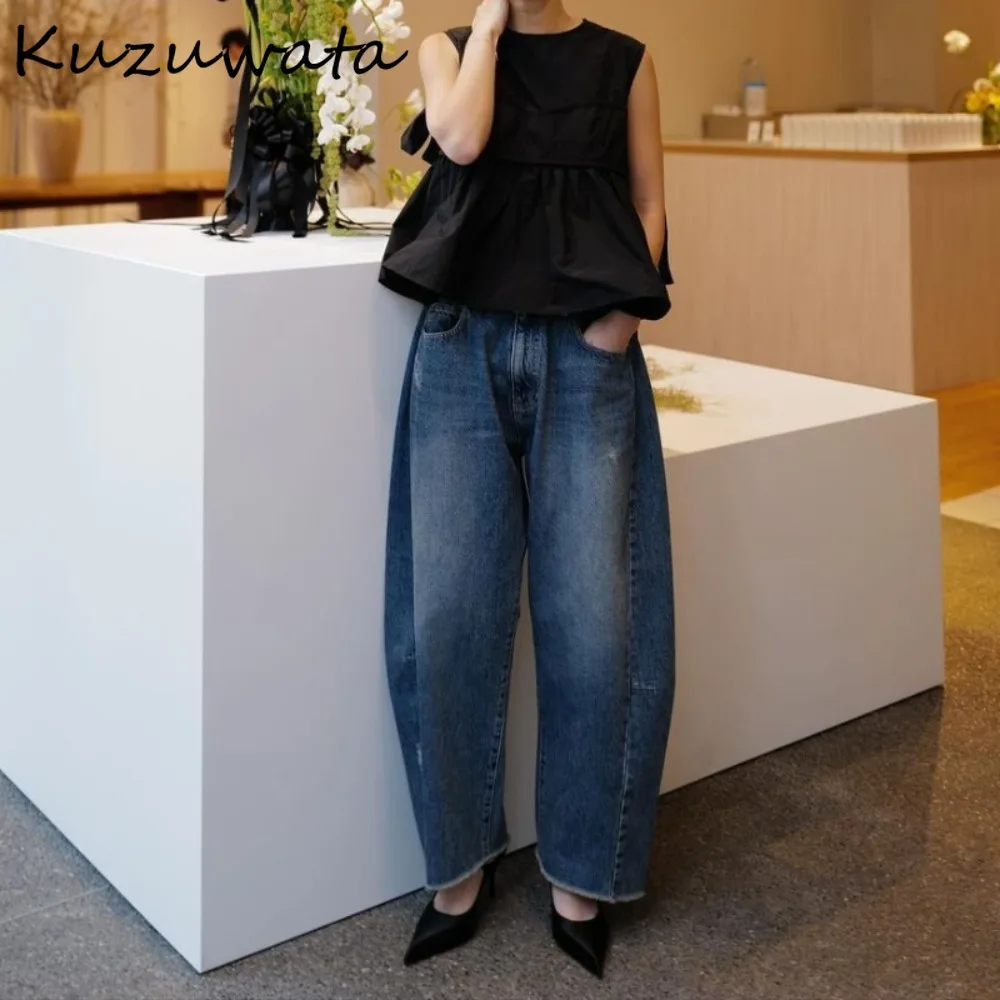 Kuzuwata Sweet O Neck Sleeveless French Style Blusas Vest Lace Up Bow Loose Pullover Ropa Mujer Japan New Patchwork Ruched Tops