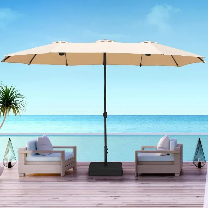 Patio Double-Sided Umbrella with Base & Crank, Extra Large Rectangular Outdoor Umbrella for Patio, Lawn & Garden, Beige