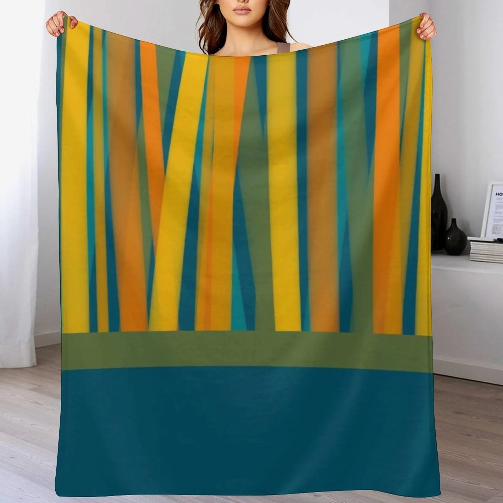 

Ribbon Stripe Lined Cuff Color Block Pattern in Moroccan Blue, Mustard, Orange, Teal, and Green Throw Blanket Hair Blankets