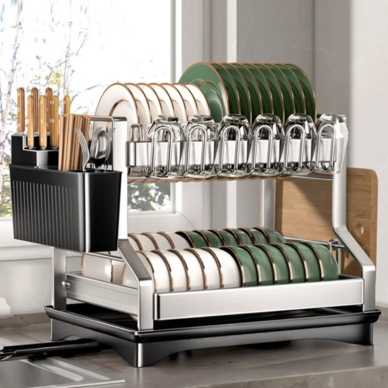 

Kitchen Organizer 2 Tier Dish Drying Rack Utensils Storage Rack Bowls Knife Fork Pot Holder Countertop Dinnerware Drainboard