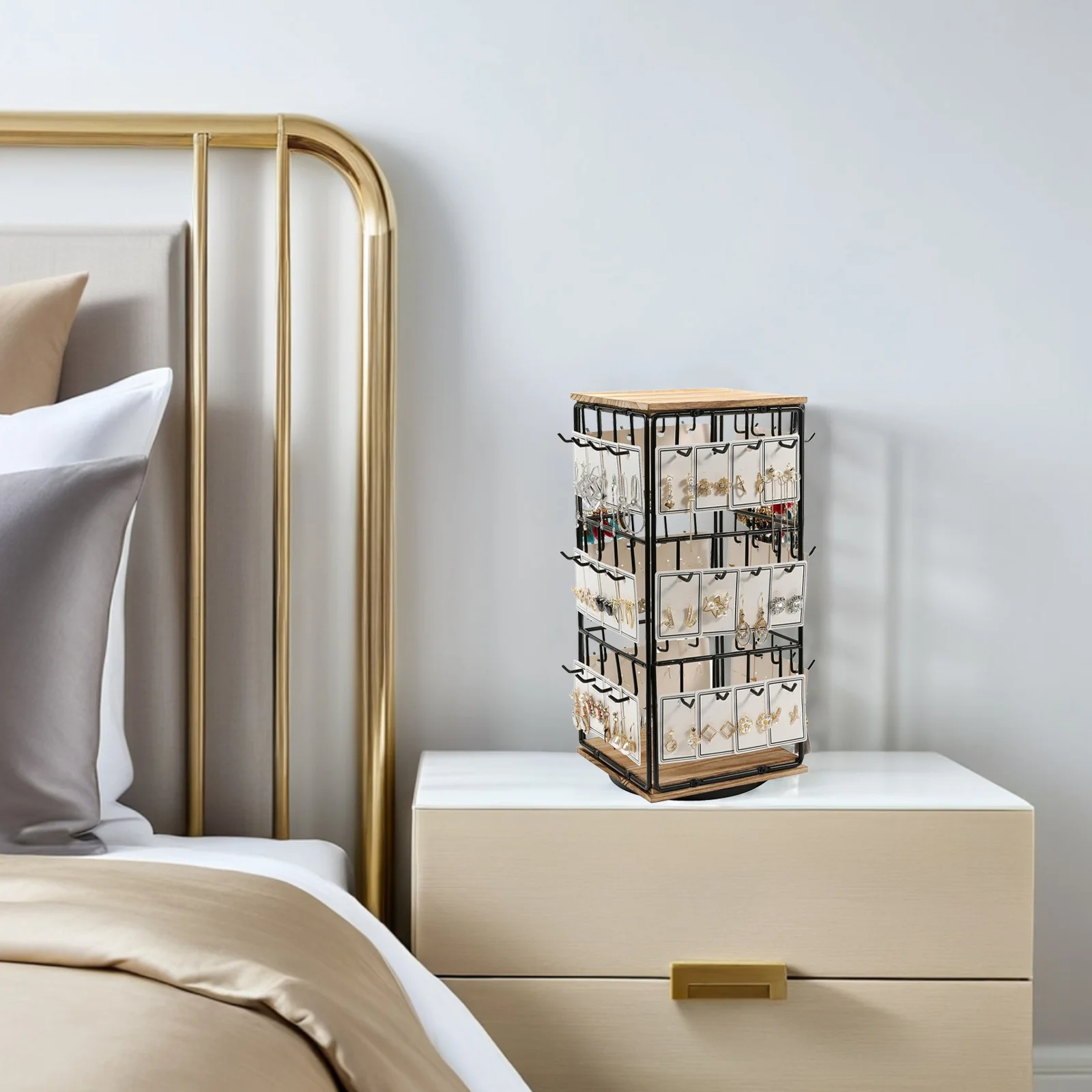 

Jewelry Display for Vendors Rotating Earring Stand Wooden Base Holder for Studs and Hoops Countertop Ring Organizer Retail