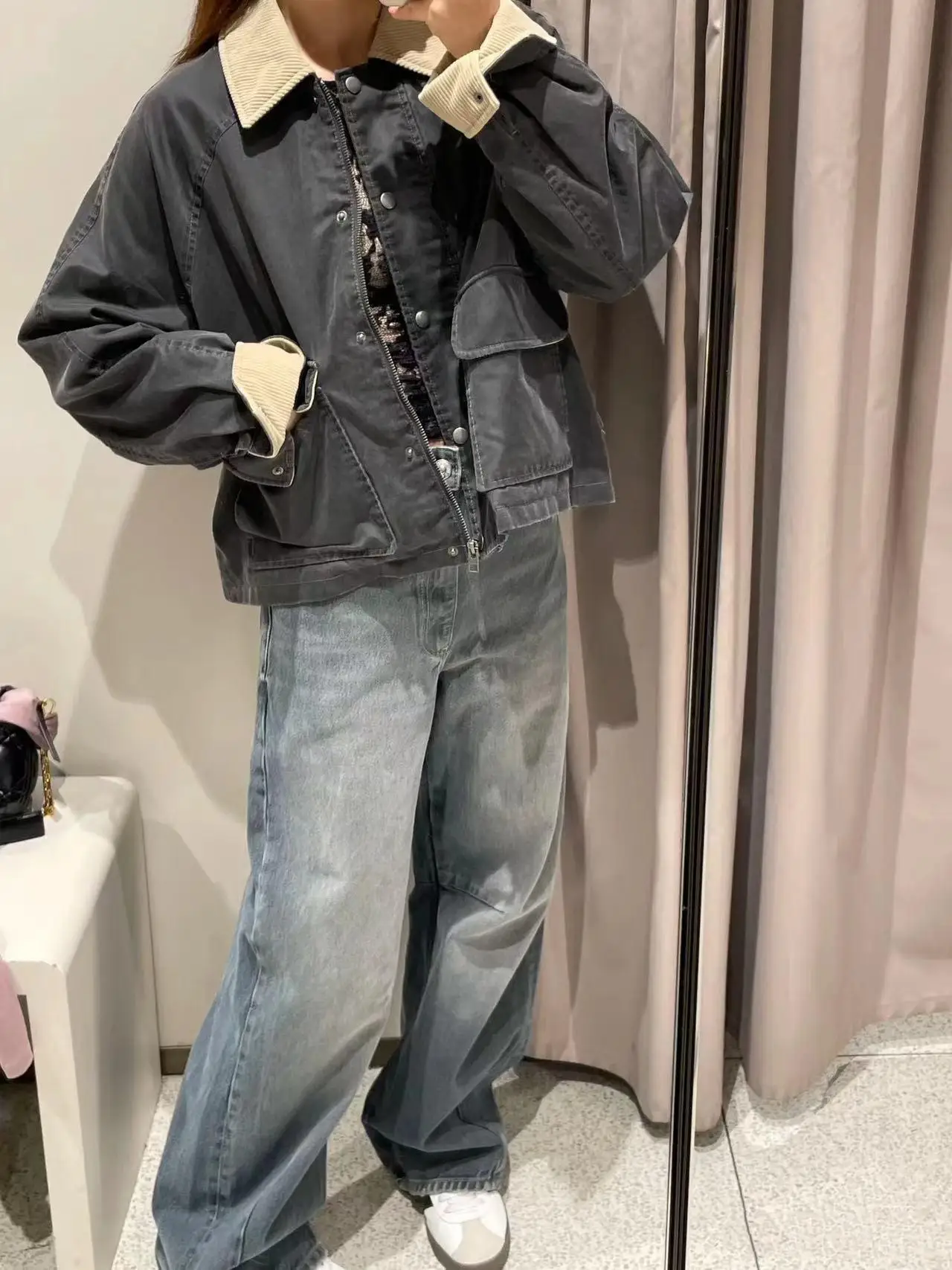 Nuovo 2025 Primavera Autunno Donna Casual Pelle cerata Colletto Jaet Colore Blo Vestibilità ampia Regular Sve Lungo pezzo unico