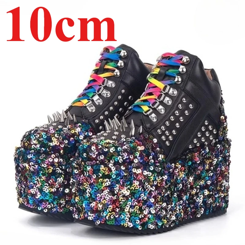 Europe/American Street Cool Sponge Cake Shoes for Women's 10cm Leather Splicing Sequin Design Thick Sole Height Increasing Shoes