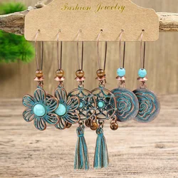 Ethnic Bronze Hollow Dream Catcher Tassel Earrings Set for Women Vintage Blue Turquoises Flower Geometric Earrings Jewelry Sets