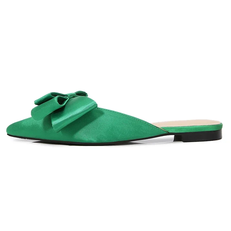 Silk Pointed Toe Flat Slippers Women's Outer Wear Summer Net Red All-match Fashion Bow Baotou Sandals and Slippers