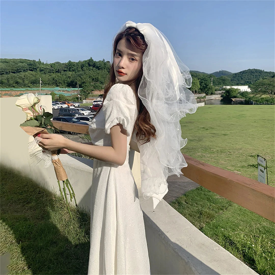 Velo de cuello con forma de hilo esponjoso, estilo coreano, foto de bosque, fotografía de viaje, vestido de novia ligero, boda