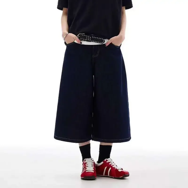 Men's Jorts New American Loose Wide Leg High Street Solid Color Straight Trendy Male Casual Denim Shorts Summer