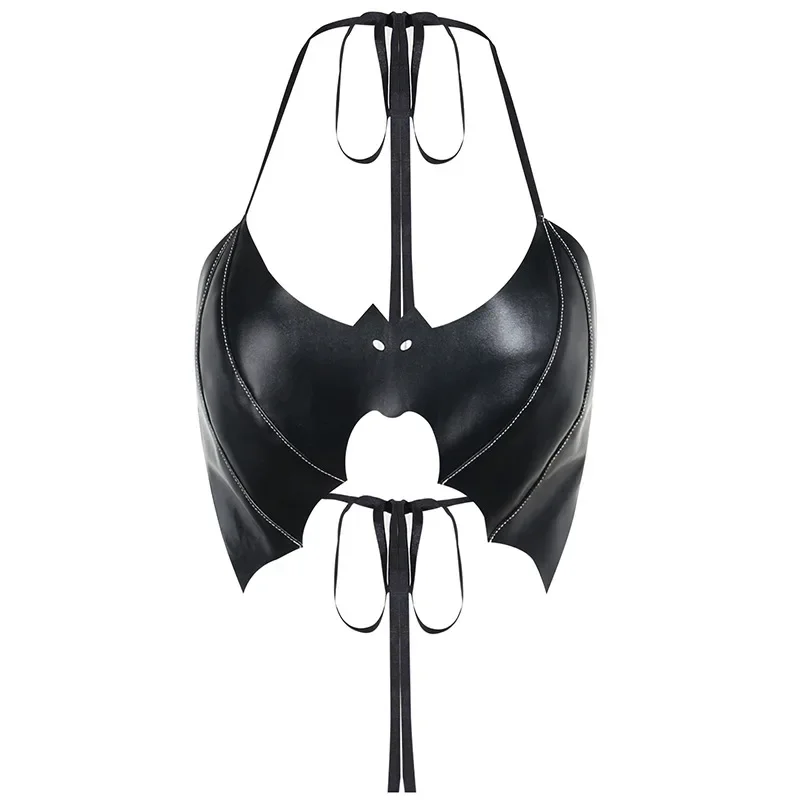 Punk Sexy PU Bra Steampunk Bat Shape Black Halter Crop Top Gothic Party Night Singlets Costume Mall Goth Camisole Fashion Tees