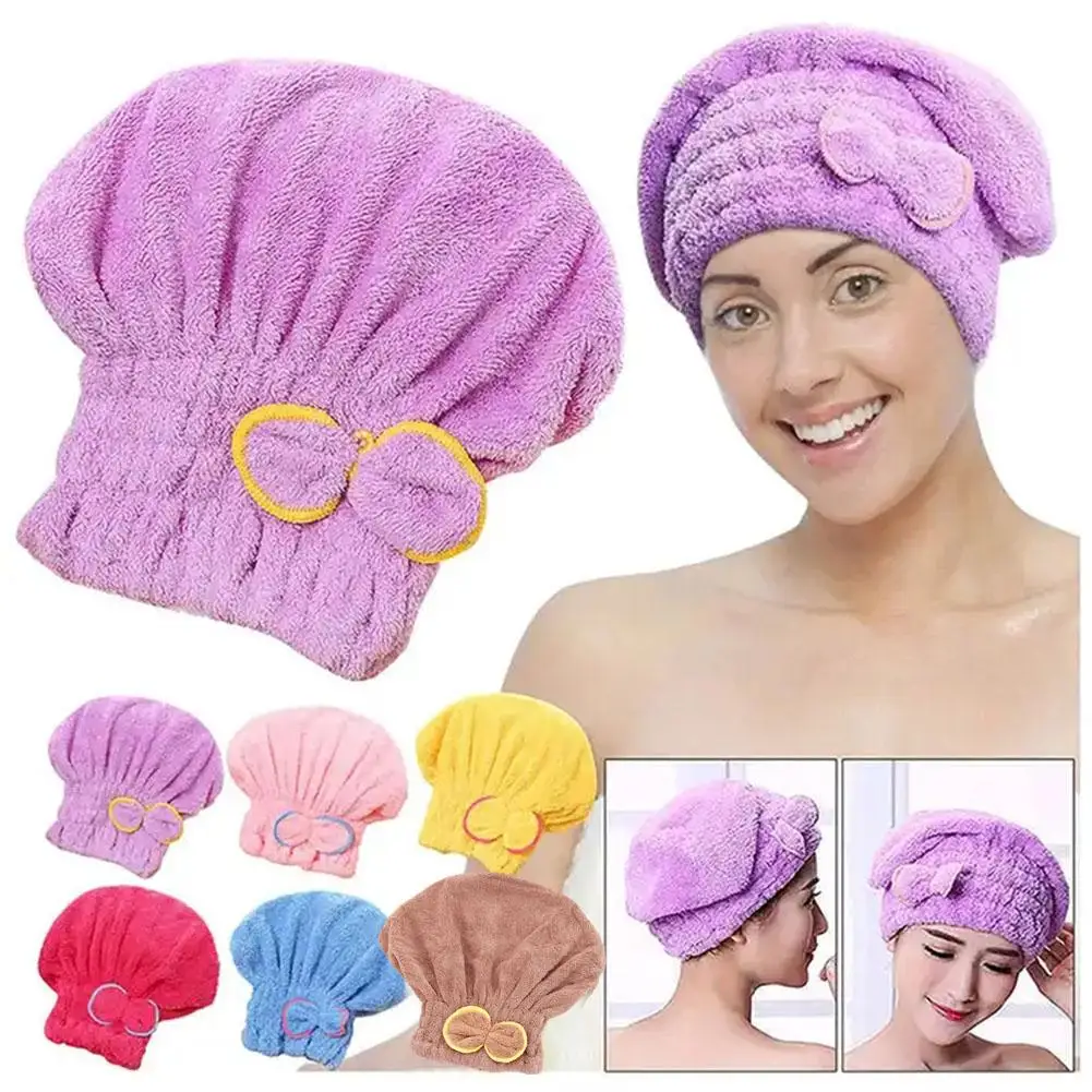 1pc Bow Style Shower Cap, Home Use Coral Fleece Thick Hair Towel, Women's Absorbent Quick Drying Shower Cap
