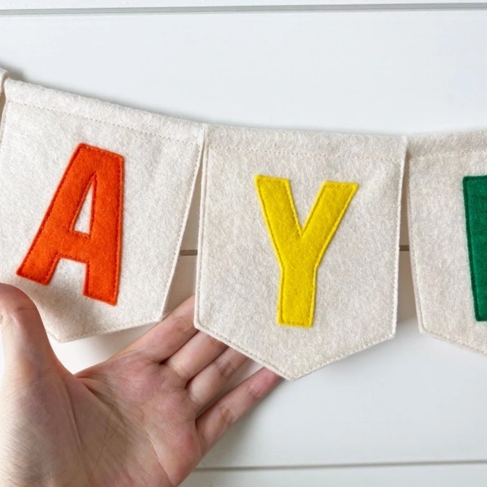Personalized Felt Name Banner, White Flag with colorful Letters, Baby Girl Name Sign, Wall Decor, Birthday Party Decoration