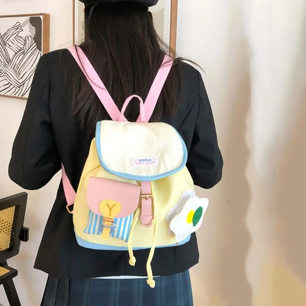 Storage Bag Drawstring Creative Flower Backpack Large Capacity Stripe Students School Bag Cartoon PU School Bag School