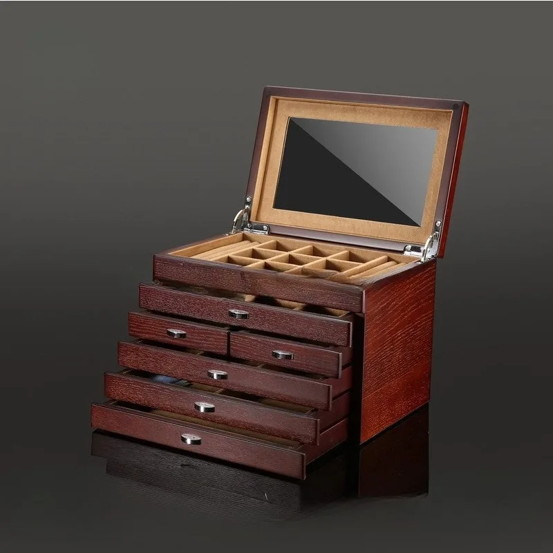Drawer Jewelry Box Multilayer Wooden Jewelry Boxes with Mirror Bracelet Ring Organizer Case Retro Desktop Storage Display Case