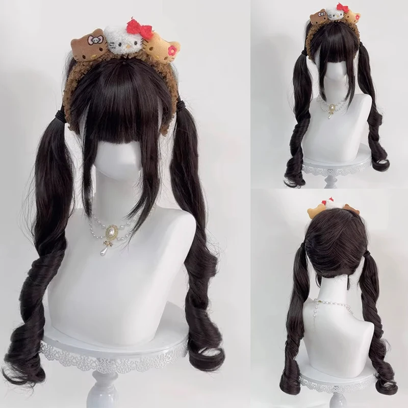 Brown Black 85CM Double ponytail long Curly Wave Hair Lolita Wigs With Bangs Synthetic Wig For Women Full Head Curls Wigs Girl