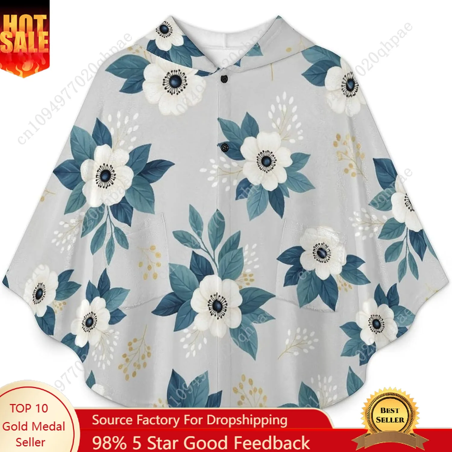 居心地の良いフランネルブランケットセーター、花柄の白い特大パーカー、子供とティーンエイジャー向けのポケット付き