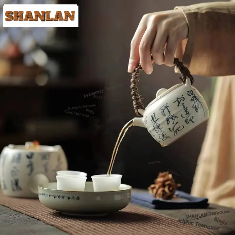 Hand Painted Poetry Heating Burning Teapot Tea Ceremony Tea Cook Ceramic Tea Stove Teapot Candle Light Base Teaset Alcohol Stove